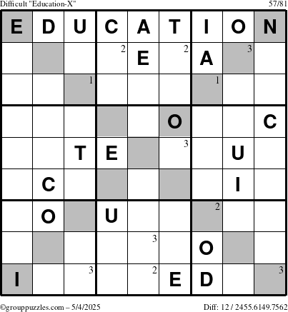 The grouppuzzles.com Difficult Education-X puzzle for Sunday May 4, 2025 with the first 3 steps marked