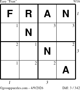 The grouppuzzles.com Easy Fran puzzle for Thursday April 9, 2026 with all 3 steps marked
