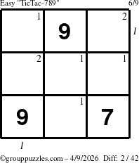 The grouppuzzles.com Easy TicTac-789 puzzle for Thursday April 9, 2026 with all 2 steps marked