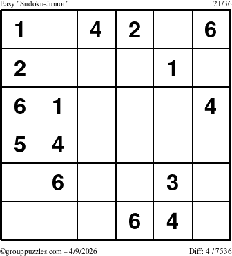 The grouppuzzles.com Easy Sudoku-Junior puzzle for Thursday April 9, 2026