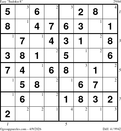 The grouppuzzles.com Easy Sudoku-8 puzzle for Thursday April 9, 2026, suitable for printing, with all 4 steps marked