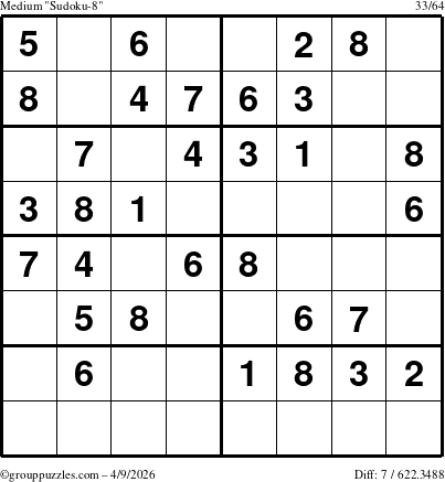 The grouppuzzles.com Medium Sudoku-8 puzzle for Thursday April 9, 2026