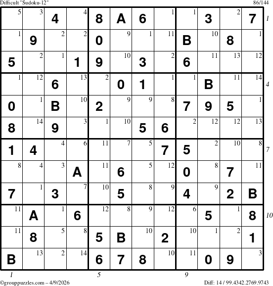 The grouppuzzles.com Difficult Sudoku-12 puzzle for Thursday April 9, 2026 with all 14 steps marked