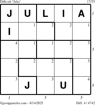 The grouppuzzles.com Difficult Julia puzzle for Thursday August 14, 2025 with all 4 steps marked