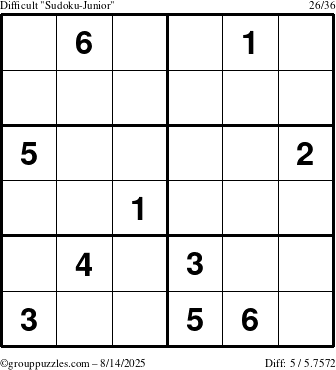 The grouppuzzles.com Difficult Sudoku-Junior puzzle for Thursday August 14, 2025