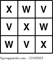 The grouppuzzles.com Answer grid for the TicTac-VWX puzzle for Wednesday December 10, 2025