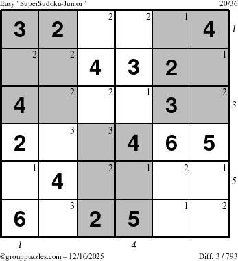 The grouppuzzles.com Easy SuperSudoku-Junior puzzle for Wednesday December 10, 2025 with all 3 steps marked