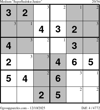 The grouppuzzles.com Medium SuperSudoku-Junior puzzle for Wednesday December 10, 2025 with the first 3 steps marked