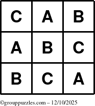 The grouppuzzles.com Answer grid for the TicTac-ABC puzzle for Wednesday December 10, 2025