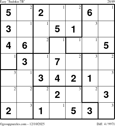 The grouppuzzles.com Easy Sudoku-7B puzzle for Wednesday December 10, 2025 with the first 3 steps marked