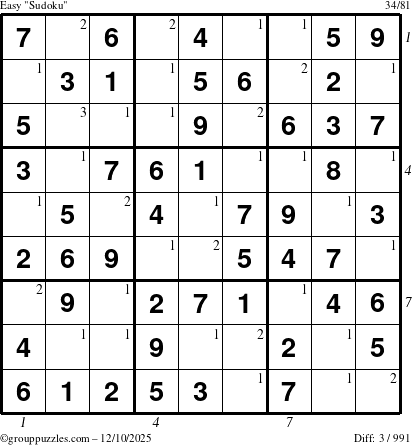 The grouppuzzles.com Easy Sudoku puzzle for Wednesday December 10, 2025, suitable for printing, with all 3 steps marked