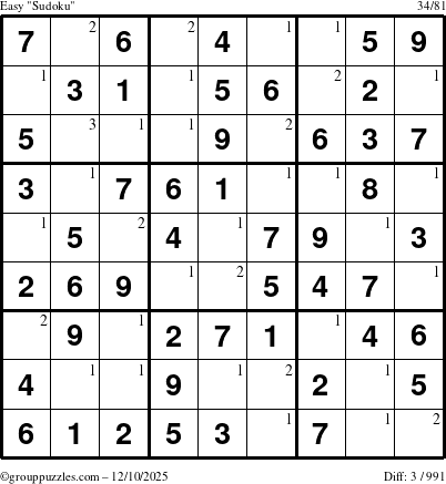 The grouppuzzles.com Easy Sudoku puzzle for Wednesday December 10, 2025 with the first 3 steps marked