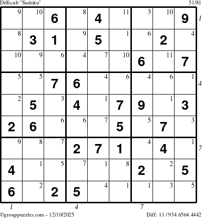 The grouppuzzles.com Difficult Sudoku puzzle for Wednesday December 10, 2025, suitable for printing, with all 11 steps marked