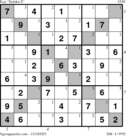 The grouppuzzles.com Easy Sudoku-X puzzle for Wednesday December 10, 2025, suitable for printing, with all 4 steps marked