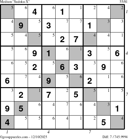 The grouppuzzles.com Medium Sudoku-X puzzle for Wednesday December 10, 2025, suitable for printing, with all 7 steps marked