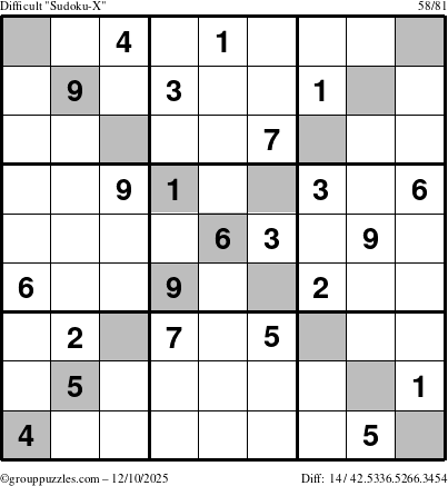 The grouppuzzles.com Difficult Sudoku-X puzzle for Wednesday December 10, 2025