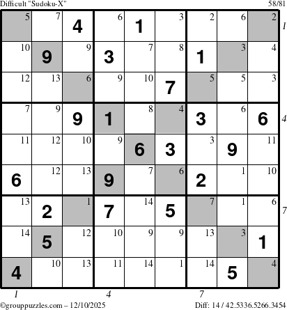 The grouppuzzles.com Difficult Sudoku-X puzzle for Wednesday December 10, 2025, suitable for printing, with all 14 steps marked