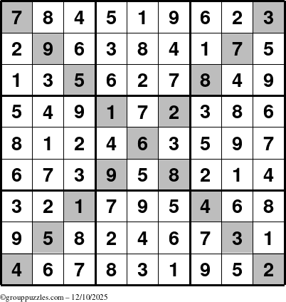The grouppuzzles.com Answer grid for the Sudoku-X puzzle for Wednesday December 10, 2025