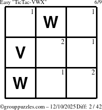 The grouppuzzles.com Easy TicTac-VWX puzzle for Wednesday December 10, 2025 with the first 2 steps marked