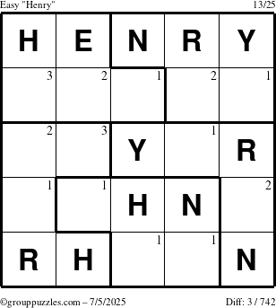 The grouppuzzles.com Easy Henry puzzle for Saturday July 5, 2025 with the first 3 steps marked
