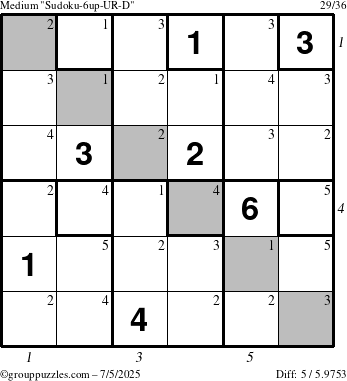 The grouppuzzles.com Medium Sudoku-6up-UR-D puzzle for Saturday July 5, 2025 with all 5 steps marked