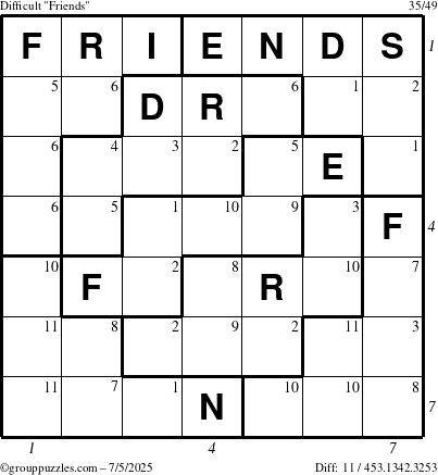 The grouppuzzles.com Difficult Friends puzzle for Saturday July 5, 2025 with all 11 steps marked