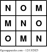 The grouppuzzles.com Answer grid for the TicTac-MNO puzzle for Saturday December 13, 2025