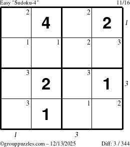The grouppuzzles.com Easy Sudoku-4 puzzle for Saturday December 13, 2025, suitable for printing, with all 3 steps marked