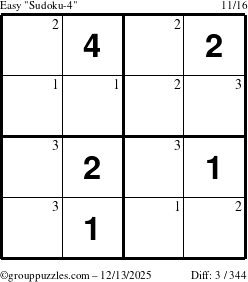 The grouppuzzles.com Easy Sudoku-4 puzzle for Saturday December 13, 2025 with the first 3 steps marked