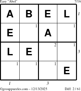 The grouppuzzles.com Easy Abel puzzle for Saturday December 13, 2025, suitable for printing, with all 2 steps marked
