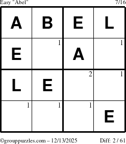 The grouppuzzles.com Easy Abel puzzle for Saturday December 13, 2025 with the first 2 steps marked