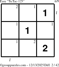 The grouppuzzles.com Easy TicTac-123 puzzle for Saturday December 13, 2025, suitable for printing, with all 2 steps marked