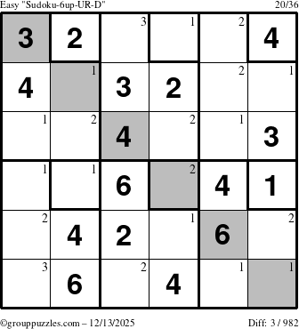 The grouppuzzles.com Easy Sudoku-6up-UR-D puzzle for Saturday December 13, 2025 with the first 3 steps marked