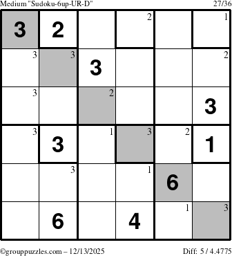 The grouppuzzles.com Medium Sudoku-6up-UR-D puzzle for Saturday December 13, 2025 with the first 3 steps marked