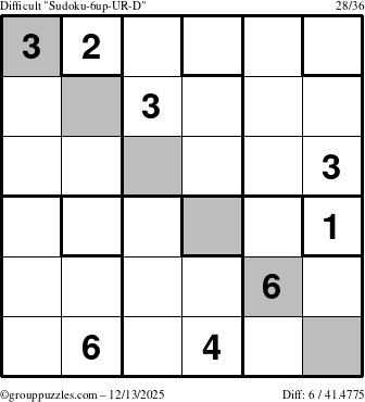 The grouppuzzles.com Difficult Sudoku-6up-UR-D puzzle for Saturday December 13, 2025