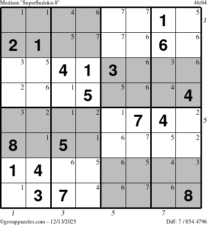 The grouppuzzles.com Medium SuperSudoku-8 puzzle for Saturday December 13, 2025 with all 7 steps marked