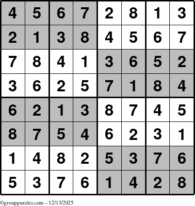 The grouppuzzles.com Answer grid for the SuperSudoku-8 puzzle for Saturday December 13, 2025