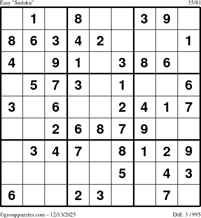 The grouppuzzles.com Easy Sudoku puzzle for Saturday December 13, 2025