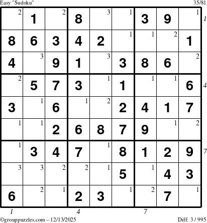 The grouppuzzles.com Easy Sudoku puzzle for Saturday December 13, 2025, suitable for printing, with all 3 steps marked