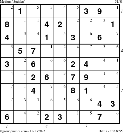 The grouppuzzles.com Medium Sudoku puzzle for Saturday December 13, 2025 with all 7 steps marked