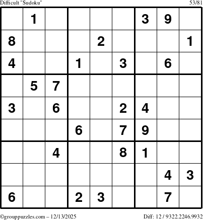The grouppuzzles.com Difficult Sudoku puzzle for Saturday December 13, 2025
