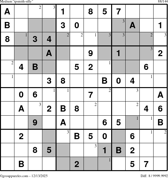 The grouppuzzles.com Medium tpsmith-silly puzzle for Saturday December 13, 2025 with the first 3 steps marked