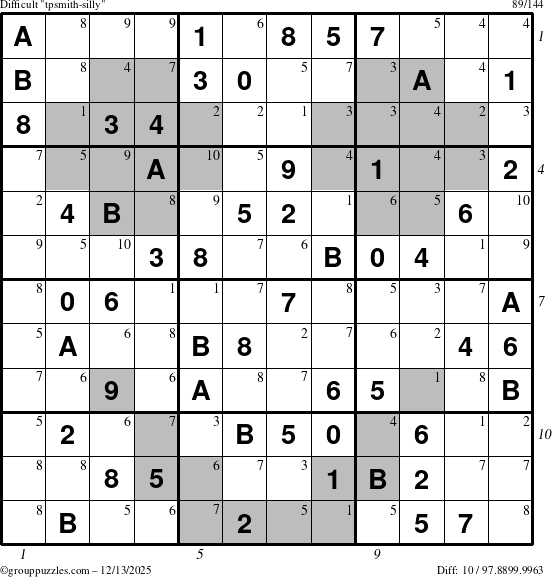 The grouppuzzles.com Difficult tpsmith-silly puzzle for Saturday December 13, 2025, suitable for printing, with all 10 steps marked