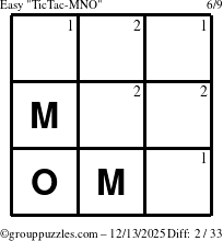 The grouppuzzles.com Easy TicTac-MNO puzzle for Saturday December 13, 2025 with the first 2 steps marked