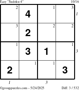 The grouppuzzles.com Easy Sudoku-4 puzzle for Saturday May 24, 2025, suitable for printing, with all 3 steps marked