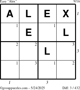 The grouppuzzles.com Easy Alex puzzle for Saturday May 24, 2025, suitable for printing, with all 3 steps marked