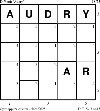 The grouppuzzles.com Difficult Audry puzzle for Saturday May 24, 2025 with all 5 steps marked