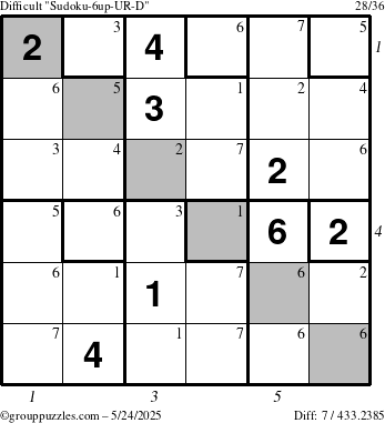 The grouppuzzles.com Difficult Sudoku-6up-UR-D puzzle for Saturday May 24, 2025 with all 7 steps marked
