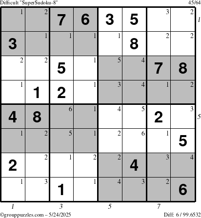 The grouppuzzles.com Difficult SuperSudoku-8 puzzle for Saturday May 24, 2025 with all 6 steps marked