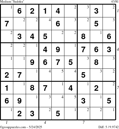 The grouppuzzles.com Medium Sudoku puzzle for Saturday May 24, 2025 with all 5 steps marked